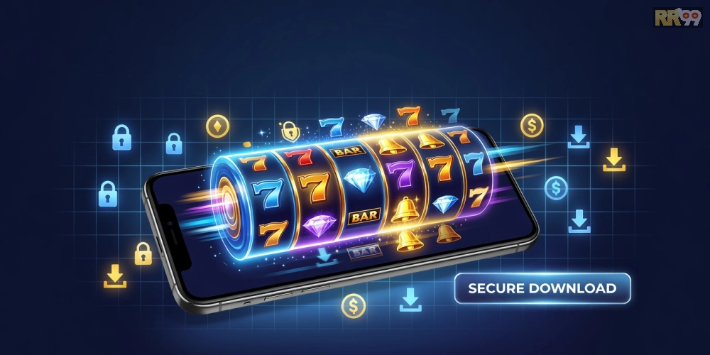 Hình minh họa khái niệm tải game nổ hũ rr99 với giao diện slot machine hiện đại