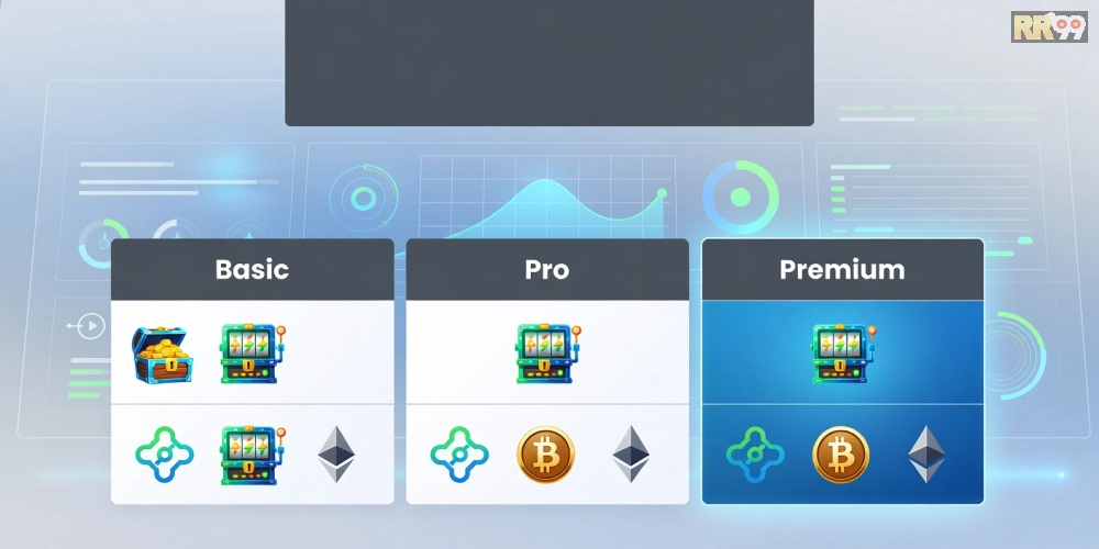 Hình minh họa bảng giá dịch vụ crypto casino rr99 với các gói ưu đãi và biểu tượng tiền điện tử.