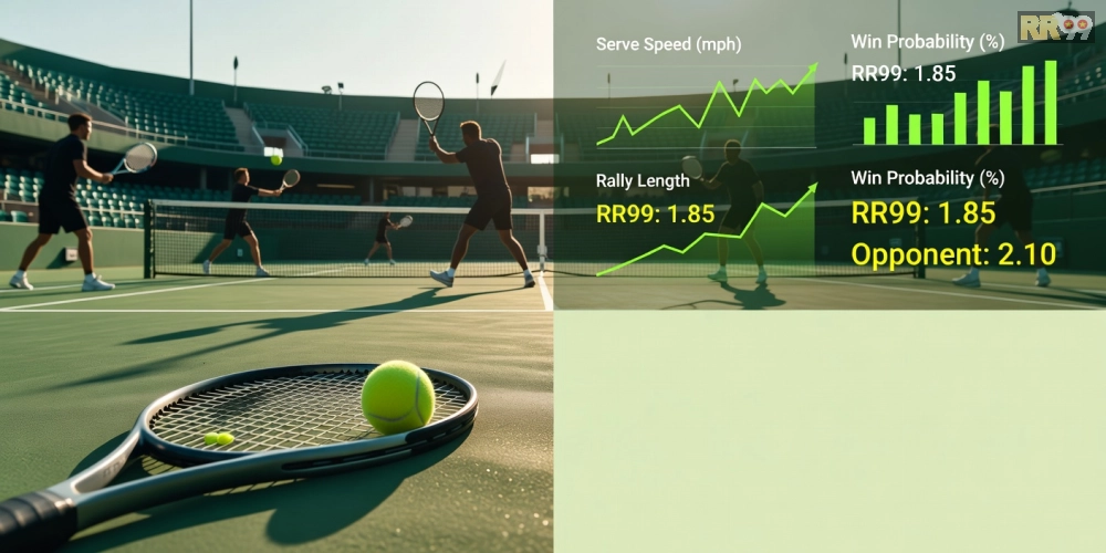 Caption tiếng Việt ngắn gọn 8–16 từ: Hình ảnh phân tích trận tennis với biểu đồ dữ liệu trên nền tảng RR99