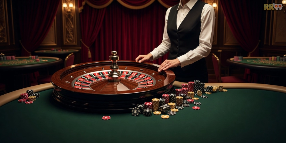 Hình ảnh trải nghiệm live casino rr99 với bàn roulette hấp dẫn và không khí sôi động