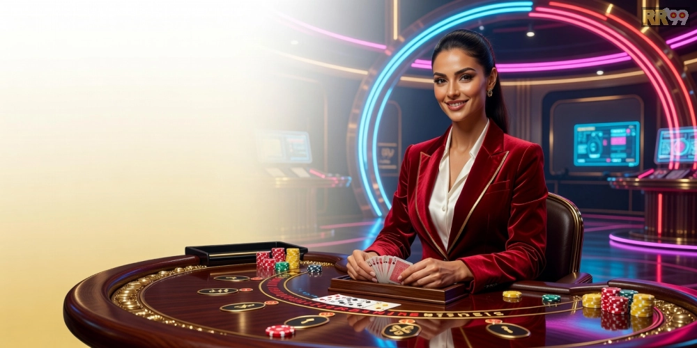 Minh họa giao diện trực tiếp casino rr99 với dealer chuyên nghiệp và bàn chơi sống động