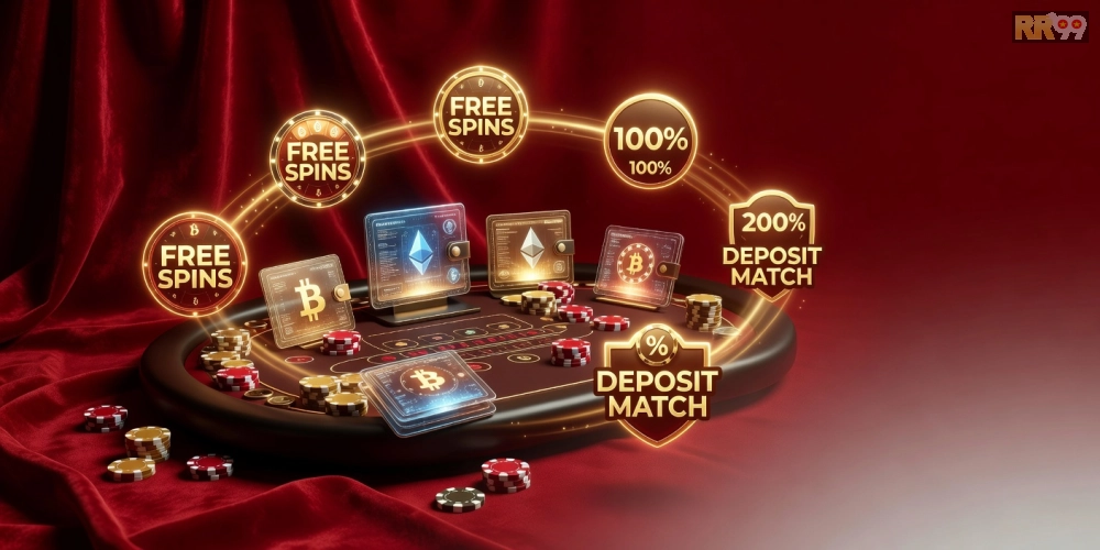 Hình ảnh minh họa ưu đãi hấp dẫn của các crypto casino rr99 với biểu tượng tiền thưởng và giao diện cá cược.